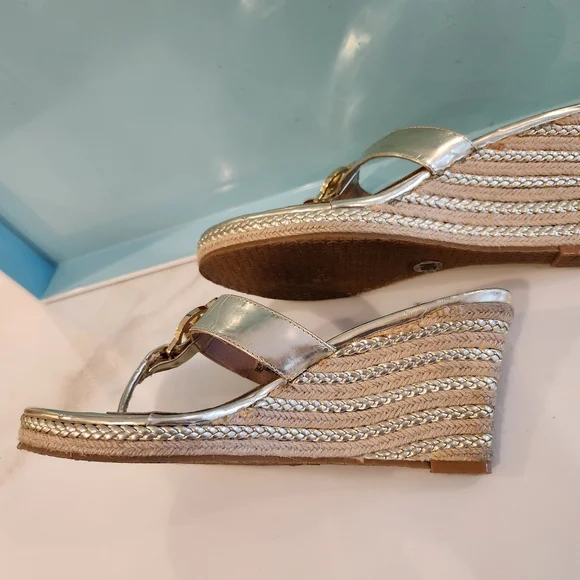 Michael Kors Gold Espadrilles. Gold Wedge heel slip on dress sandals. - Picture 5 of 11